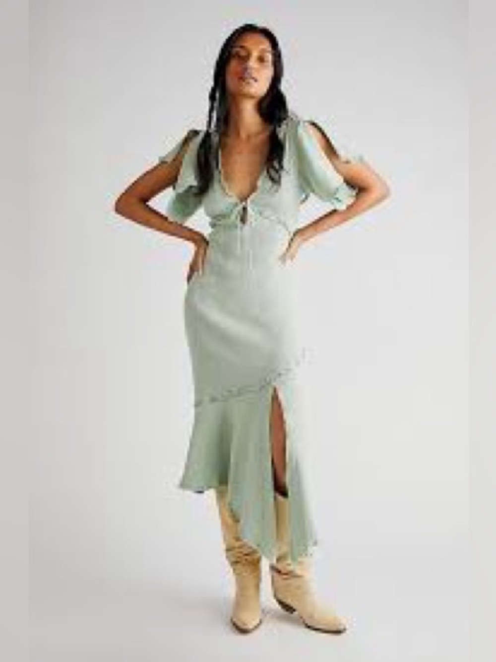 Free People Mint Green Tie-Front Ruffle Maxi Dress Big Mood Midi Size XS - Picture 1 of 15